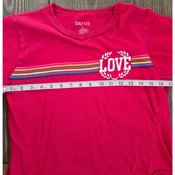 On Fire Womens Love Crop Top T Shirt Large Rainbow Stripe Graphic Pride Baby Tee - Picture 3 of 5
